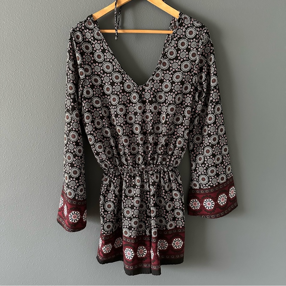 Elegant Black and Maroon Patterned Women's Romper
